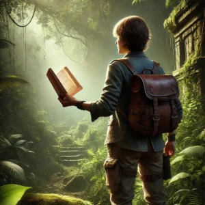 A young adventurer stands in a lush, sunlit jungle clearing, holding an open book that seems to glow with mystical energy. The figure is dressed in rugged explorer attire, complete with sturdy boots, cargo pants, and a leather backpack. Rays of sunlight stream through the dense canopy, illuminating ancient stone ruins partially covered by moss and vines. A winding stone path disappears into the jungle's green depths, evoking mystery and the promise of discovery. The scene captures the spirit of exploration, blending the magic of storytelling with the allure of an uncharted world.