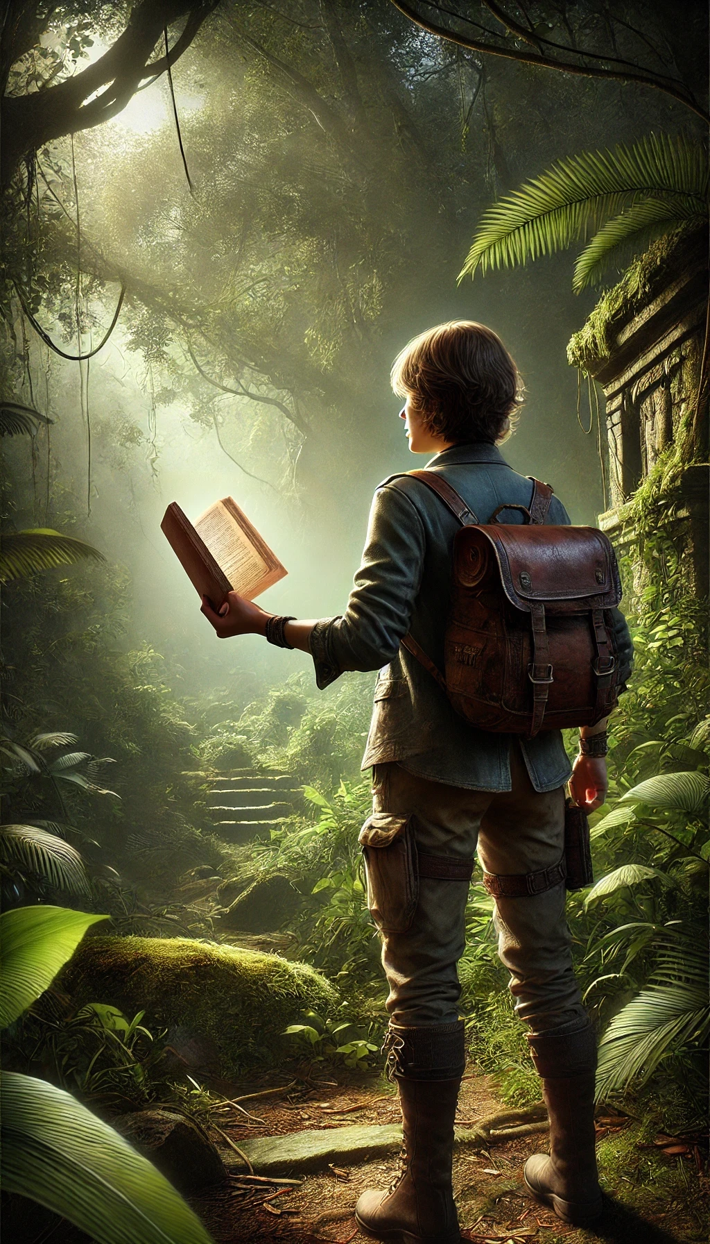 A young adventurer stands in a lush, sunlit jungle clearing, holding an open book that seems to glow with mystical energy. The figure is dressed in rugged explorer attire, complete with sturdy boots, cargo pants, and a leather backpack. Rays of sunlight stream through the dense canopy, illuminating ancient stone ruins partially covered by moss and vines. A winding stone path disappears into the jungle's green depths, evoking mystery and the promise of discovery. The scene captures the spirit of exploration, blending the magic of storytelling with the allure of an uncharted world.