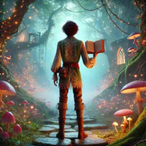 A whimsical figure stands on a cobblestone path in an enchanted forest, holding an open book glowing faintly with magical light. The figure is dressed in ornate, fairytale-inspired clothing, featuring intricate embroidery and lace details. Surrounding them are glowing toadstools, fireflies, and trees draped with sparkling, golden lights. In the background, a mystical treehouse and a glowing arched window peek through the misty forest, creating an atmosphere of wonder and magic. The scene evokes the timeless allure of fairy tales, inviting the viewer to step into a world of imagination and enchantment.