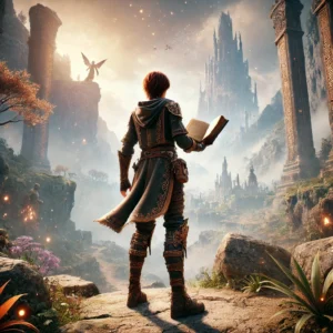 A lone figure stands on a rocky ledge overlooking a breathtaking fantasy landscape, holding an open book glowing softly with magical energy. The figure is clad in elaborate armor-like robes adorned with intricate gold patterns, exuding a heroic and mystical aura. Below, a sprawling city of towering spires and ancient ruins stretches into the distance, while colossal stone pillars and statues rise around the figure. In the background, a majestic castle pierces the clouds, with dragons soaring above and an angelic statue glowing atop a distant cliff. The scene radiates a sense of epic adventure, magic, and timeless wonder.