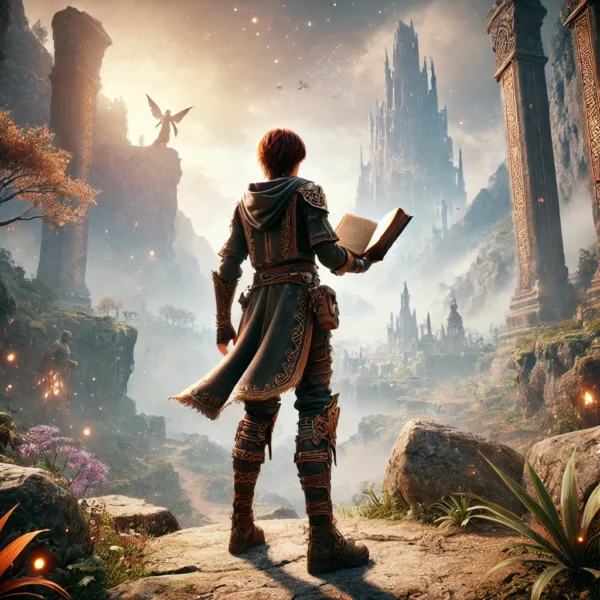 A lone figure stands on a rocky ledge overlooking a breathtaking fantasy landscape, holding an open book glowing softly with magical energy. The figure is clad in elaborate armor-like robes adorned with intricate gold patterns, exuding a heroic and mystical aura. Below, a sprawling city of towering spires and ancient ruins stretches into the distance, while colossal stone pillars and statues rise around the figure. In the background, a majestic castle pierces the clouds, with dragons soaring above and an angelic statue glowing atop a distant cliff. The scene radiates a sense of epic adventure, magic, and timeless wonder.