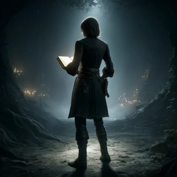 A solitary figure stands on a shadowy forest path, illuminated by a faint beam of moonlight. They hold an open book glowing with an eerie light, casting subtle shadows across their dark, tailored coat. The surroundings are cloaked in mist, with twisted tree roots and faint candle-like lights flickering in the distance, creating an atmosphere of suspense and intrigue. The setting is haunting yet compelling, drawing the viewer into an enigmatic world where secrets wait to be uncovered. The scene perfectly encapsulates the essence of mystery and the allure of the unknown.