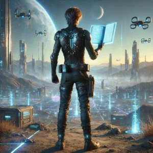 A futuristic figure stands on a rocky outcrop overlooking a sprawling sci-fi cityscape illuminated by glowing neon grids and towering skyscrapers. The figure, clad in sleek, high-tech armor, holds an open holographic book emitting a soft blue light. Hovering drones and advanced vehicles traverse the skies, while a distant planet and its moon loom in the background, casting a cosmic glow. The scene is filled with a sense of technological marvel, exploration, and innovation, embodying the boundless possibilities of science fiction worlds.