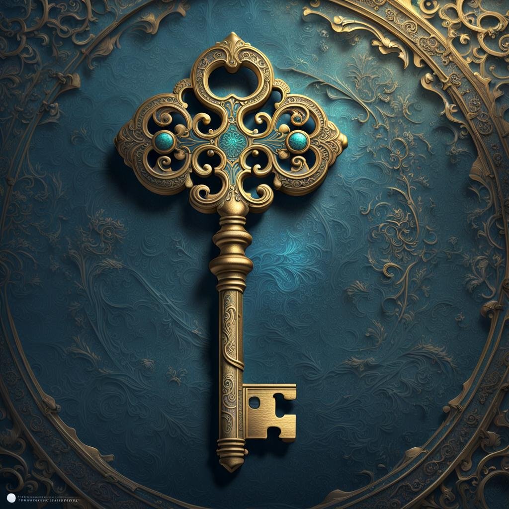 An ornate golden key is displayed against an intricately designed teal background. The key features a beautifully crafted bow with swirling filigree patterns and embedded turquoise gemstones that shimmer softly. The shaft of the key is detailed with delicate engravings, and the bit is uniquely shaped, hinting at its purpose to unlock extraordinary discoveries. The backdrop, adorned with elegant floral motifs and golden accents, enhances the key's regal and mystical allure. The image evokes a sense of wonder, adventure, and the promise of unlocking hidden treasures or secrets.