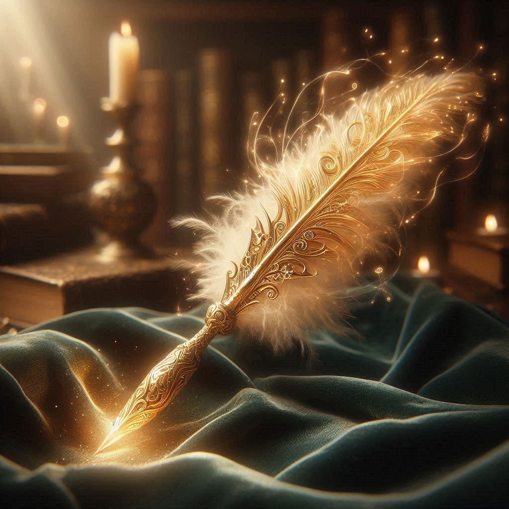 A luxurious golden quill lies elegantly on a rich, velvety fabric. The quill's intricate design features ornate patterns and delicate carvings along its shaft, radiating a warm golden glow. Its feathery tip appears soft and ethereal, with tiny sparkles and magical energy swirling around it. The background is a dimly lit magical study, with stacks of aged books, softly glowing candles, and an ambient golden light illuminating the scene. The setting evokes a sense of wonder, creativity, and enchantment, as if the quill is imbued with the power to craft extraordinary tales.