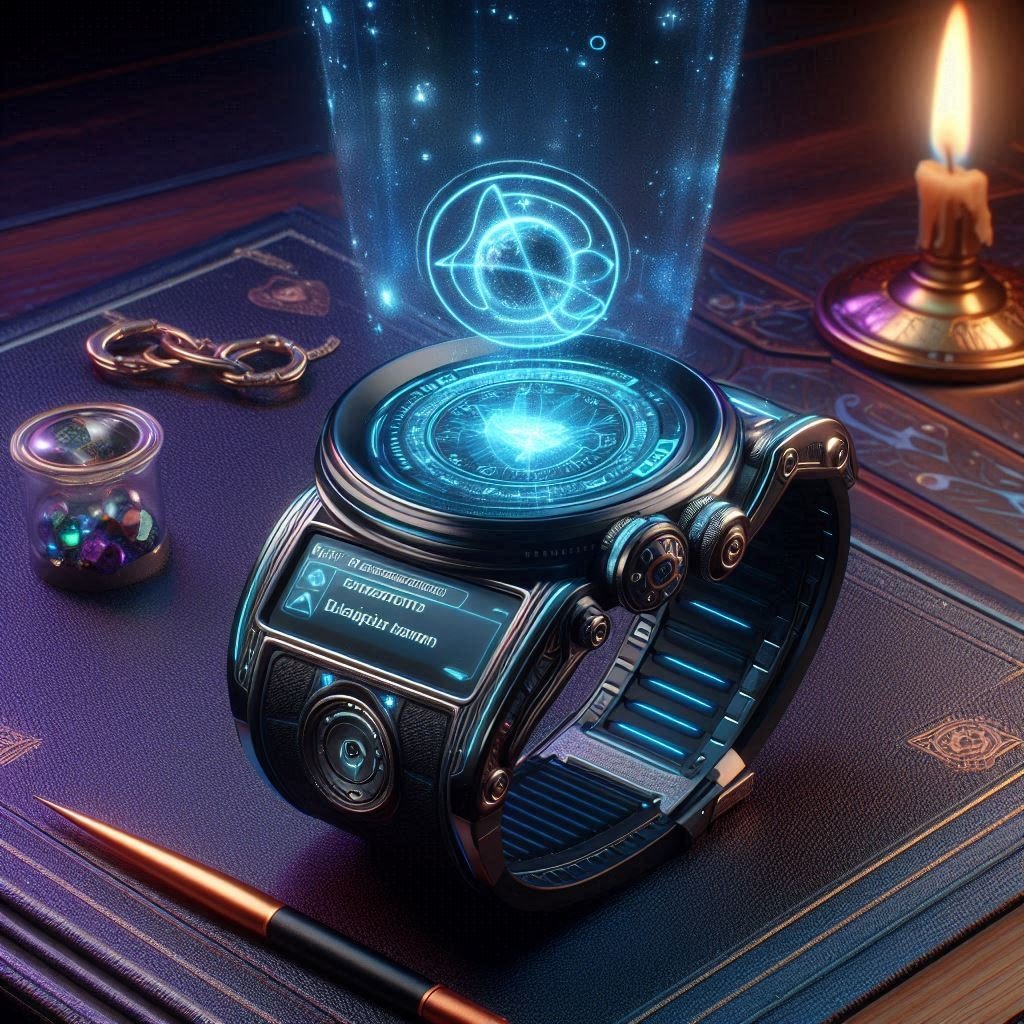 A futuristic quantum wristwatch rests on a textured surface, its metallic frame sleek and intricately detailed with glowing blue accents. A holographic display projects a complex celestial map with orbiting symbols and constellations above the watch face, adding a sense of advanced technology. The digital screen on the watch shows glowing text and controls. Surrounding the watch are thematic objects: a candle casting warm light, a small glass jar filled with colorful gems, a leather-bound book with elegant designs, a fountain pen with a metallic tip, and a pair of ornate keys. The scene combines advanced technology with a touch of mystery and sophistication.