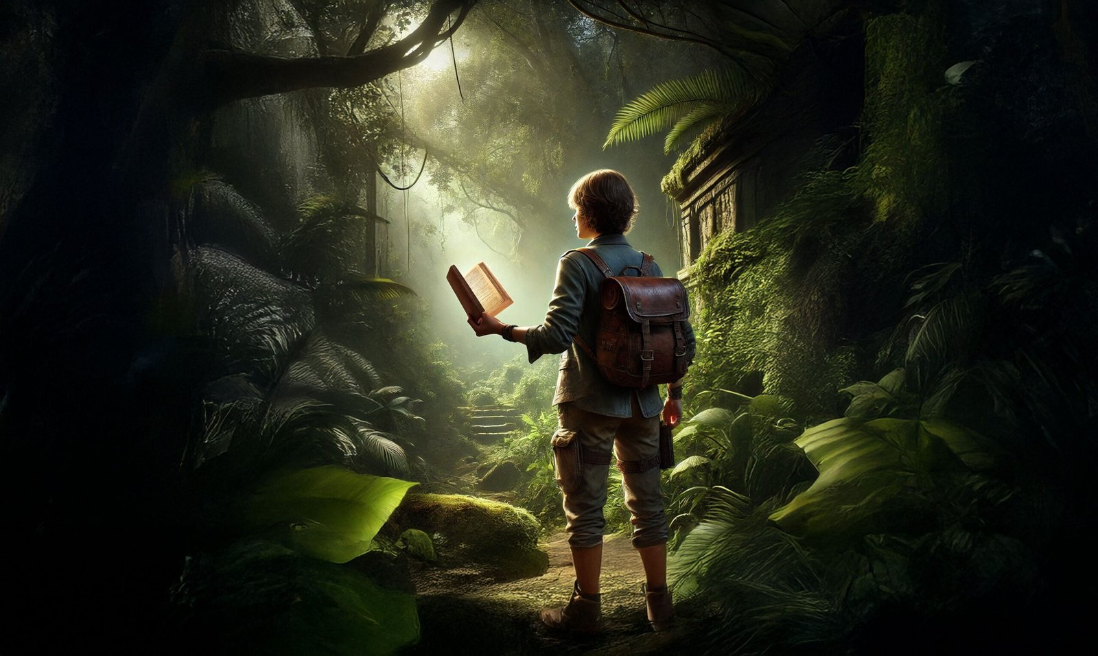 A young adventurer stands in a lush, sunlit jungle clearing, holding an open book that seems to glow with mystical energy. The figure is dressed in rugged explorer attire, complete with sturdy boots, cargo pants, and a leather backpack. Rays of sunlight stream through the dense canopy, illuminating ancient stone ruins partially covered by moss and vines. A winding stone path disappears into the jungle's green depths, evoking mystery and the promise of discovery. The scene captures the spirit of exploration, blending the magic of storytelling with the allure of an uncharted world.