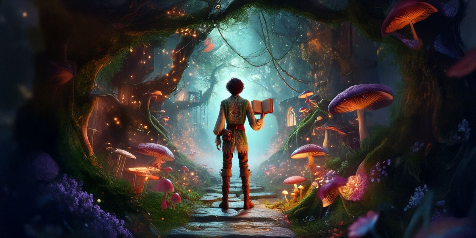 A whimsical figure stands on a cobblestone path in an enchanted forest, holding an open book glowing faintly with magical light. The figure is dressed in ornate, fairytale-inspired clothing, featuring intricate embroidery and lace details. Surrounding them are glowing toadstools, fireflies, and trees draped with sparkling, golden lights. In the background, a mystical treehouse and a glowing arched window peek through the misty forest, creating an atmosphere of wonder and magic. The scene evokes the timeless allure of fairy tales, inviting the viewer to step into a world of imagination and enchantment.