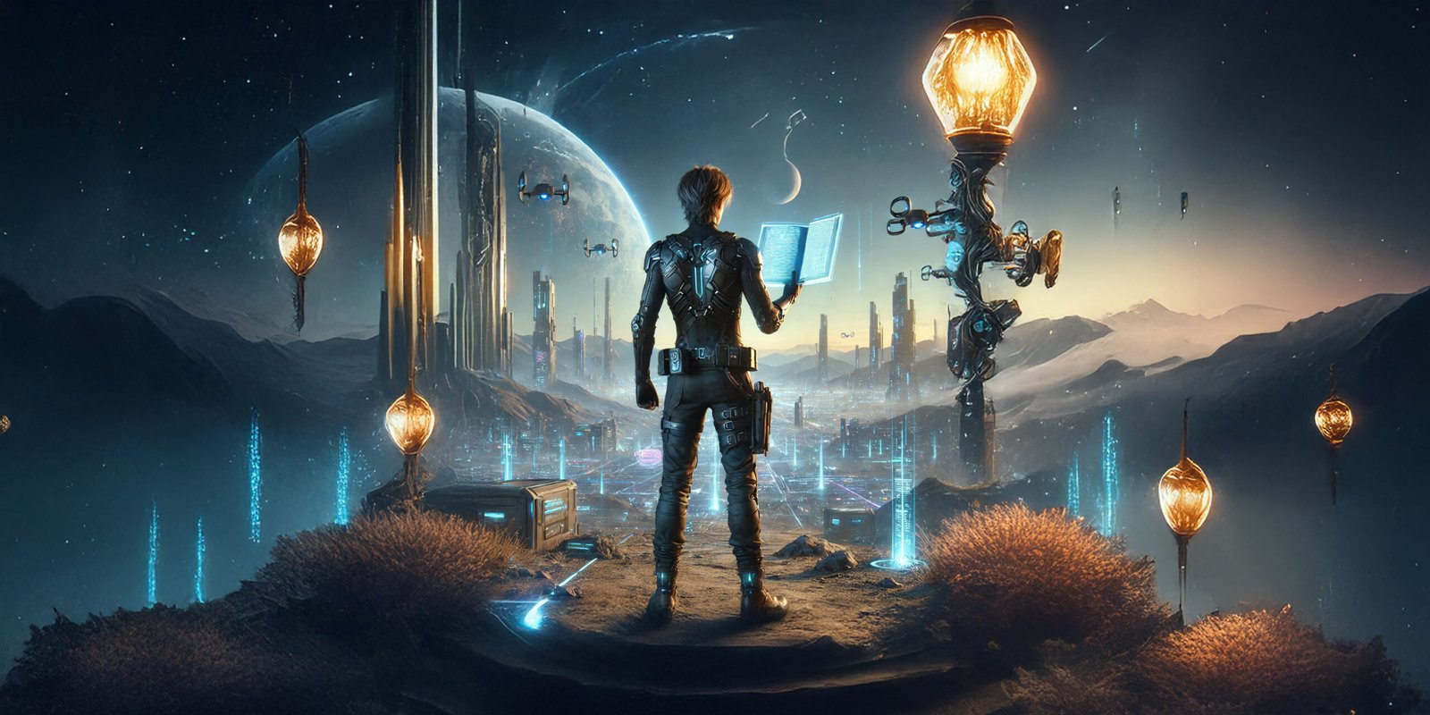 A futuristic figure stands on a rocky outcrop overlooking a sprawling sci-fi cityscape illuminated by glowing neon grids and towering skyscrapers. The figure, clad in sleek, high-tech armor, holds an open holographic book emitting a soft blue light. Hovering drones and advanced vehicles traverse the skies, while a distant planet and its moon loom in the background, casting a cosmic glow. The scene is filled with a sense of technological marvel, exploration, and innovation, embodying the boundless possibilities of science fiction worlds.