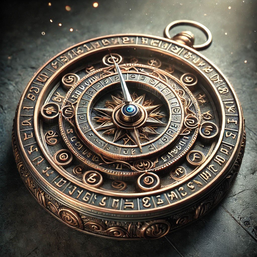 A small, antique magical compass rests on a textured wooden surface. Its outer edges are adorned with glowing runes and concentric rings of cryptic symbols, resembling a mystical code wheel. The intricate designs on the compass face include swirling magical patterns and cipher-like markings, hinting at hidden puzzles. The needle glows faintly and twitches erratically, as though responding to unseen forces. The dimly lit background, with soft magical particles floating in the air, enhances the aura of mystery and intrigue surrounding the compass.