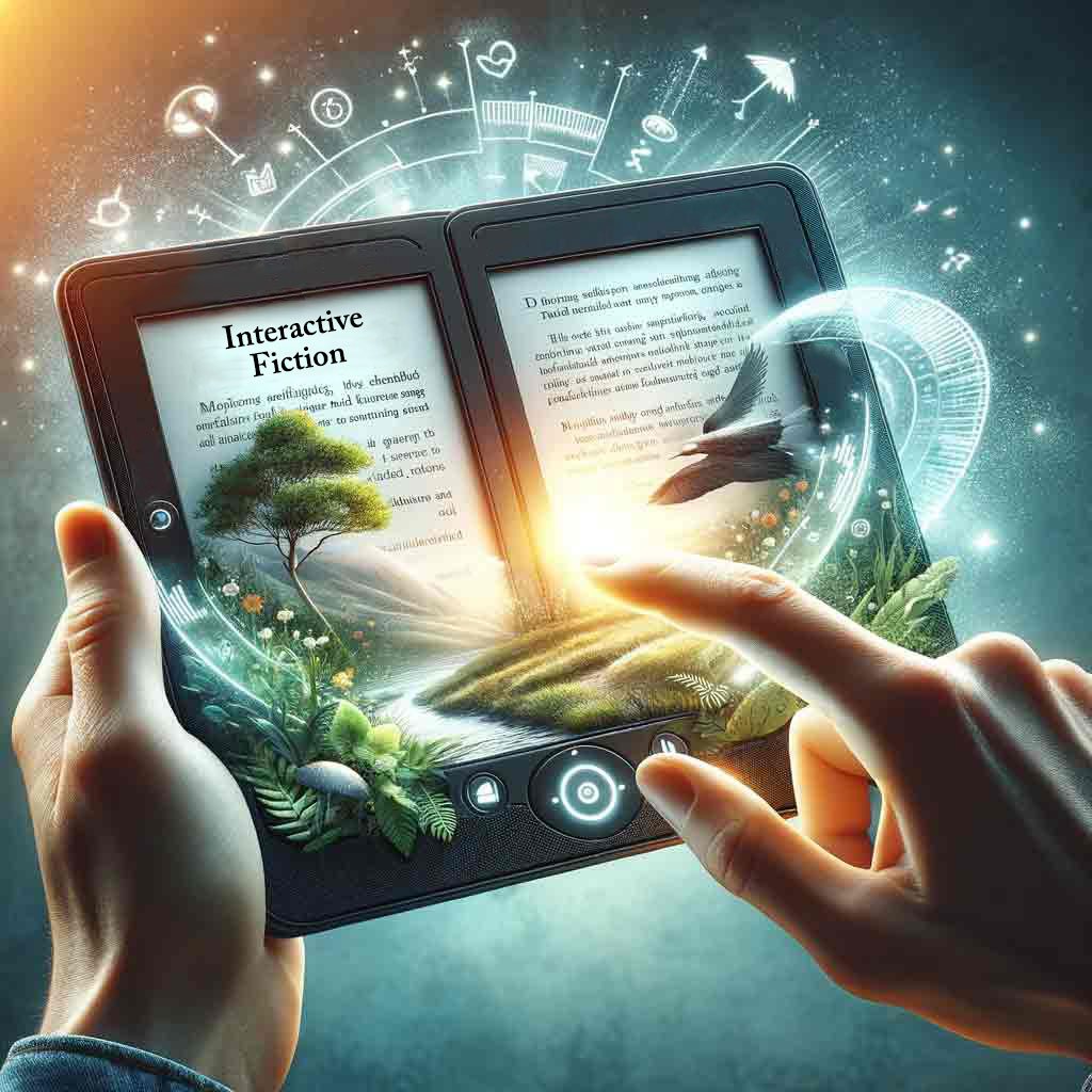 A pair of hands holds an open, futuristic e-book reader with vibrant, interactive displays on both pages. The left page features the title "Interactive Fiction" above a lush 3D landscape of a tree, grassy hills, and glowing flora that appears to emerge from the screen. The right page shows text alongside a dynamic image of a bird in flight, surrounded by magical light and energy. Floating symbols, including keys, bridges, and clocks, encircle the reader, suggesting choices and pathways in a story. The design radiates creativity, blending technology with immersive storytelling, symbolizing the possibilities of interactive fiction.