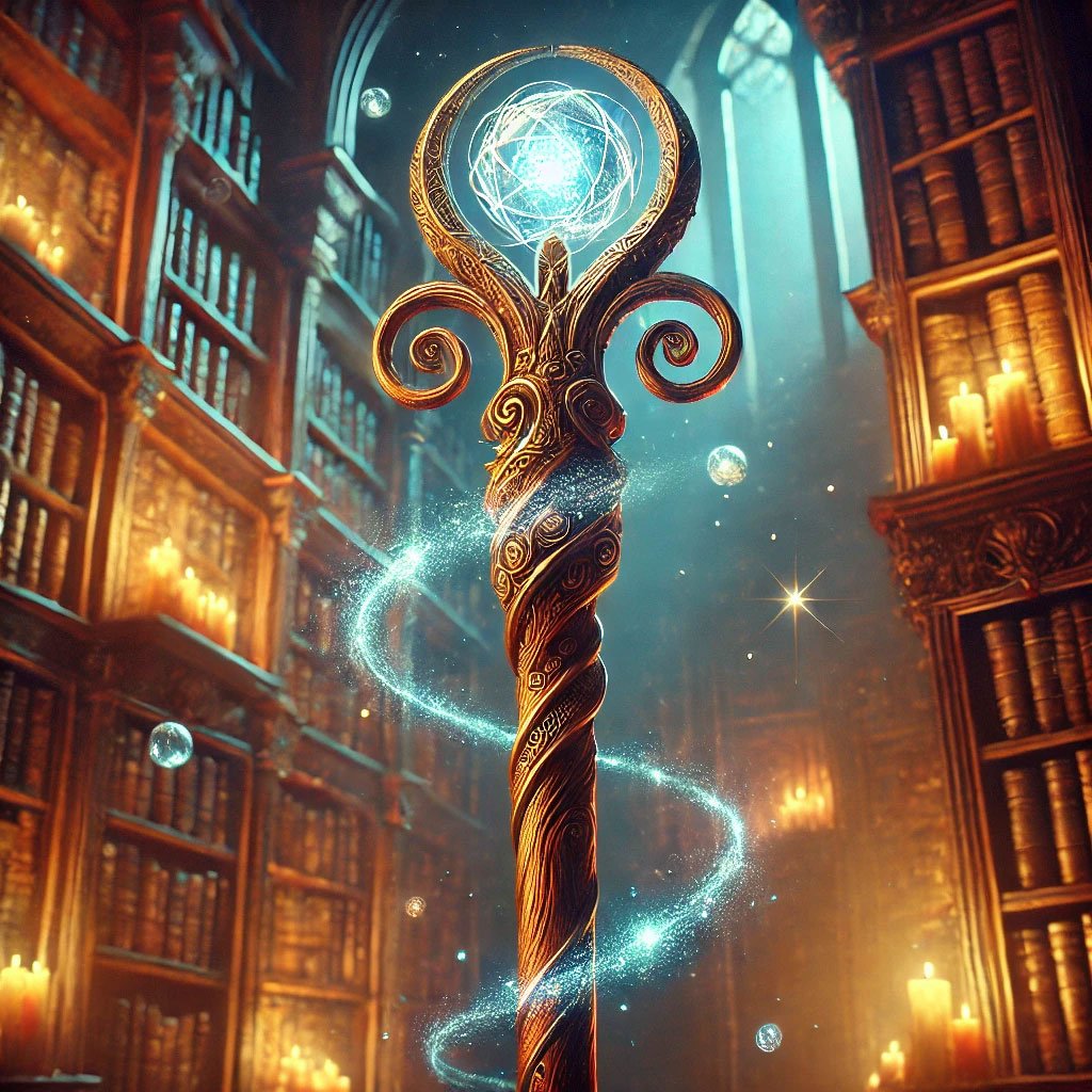 A tall, enchanted wooden staff stands upright in a magical library. The staff's smooth, polished surface is adorned with intricate carvings that spiral upward, culminating in a glowing crystal at the top. The crystal emits a soft, ethereal light, surrounded by curling metallic prongs that seem to channel its magical energy. The dimly lit library in the background features towering bookshelves filled with ancient tomes, flickering candles, and floating orbs of light. Dust particles shimmer in the air, adding to the mystical and enchanted ambiance of the scene.