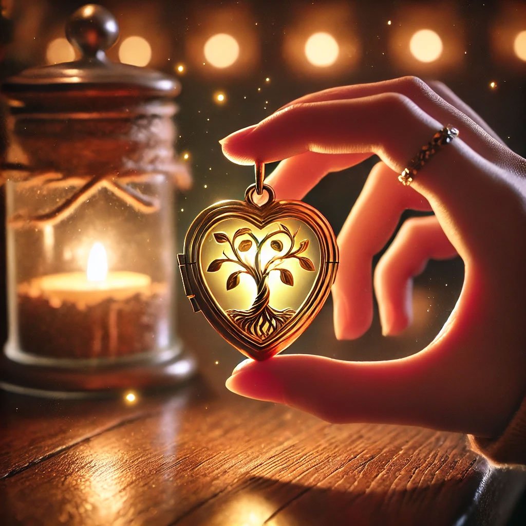 A small, heart-shaped locket rests on a polished wooden counter, its golden surface glowing softly with a warm, golden-pink light. The locket features an intricate engraving of two saplings twisted together, symbolizing unity and growth. Heidi’s gentle hand cradles the locket delicately, as if holding something deeply cherished. The background is softly lit with candlelight and faint magical sparkles floating in the air, creating a romantic and enchanting atmosphere that evokes love, connection, and shared growth.