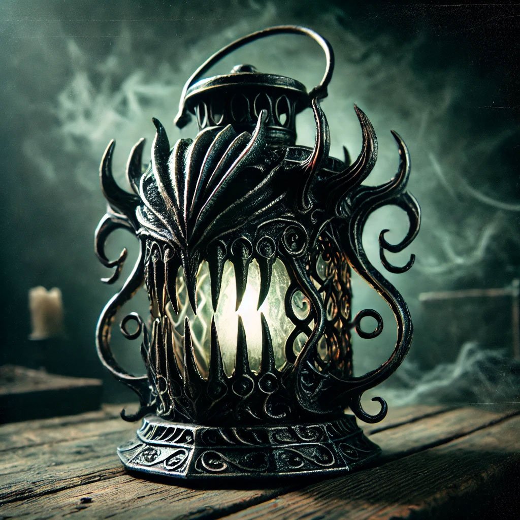 A dark, sinister lantern rests on a weathered wooden counter, its twisted blackened metal adorned with jagged, gothic designs and claw-like etchings. A sickly pale green flame flickers irregularly within, casting grotesque, moving shadows that seem alive. The dim light reveals cobwebs and spectral shapes in the background, creating an atmosphere of unease and dread. The lantern appears almost malevolent, as if harboring a dark presence.