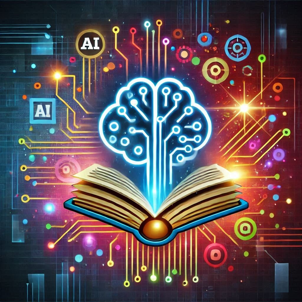 AI brain coming out of an open book with a background of colorful computer circuits.